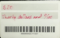 a barcode label with the words fifty dollars and fifty cents written on it