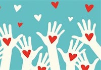 a group of hands reaching for hearts on a blue background