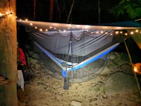 a hammock is set up in the woods at night