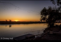 a sunset over a river with birds flying over it