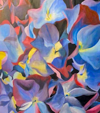 a painting of blue and red flowers on a black background