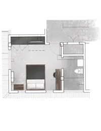 a floor plan of a small apartment with a bed and a desk