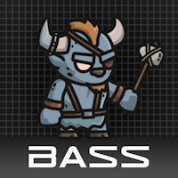 a cartoon character holding a horn with the word bass on it