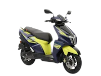 a blue and yellow scooter on a black background
