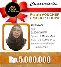 a woman wearing a hijab with the words'perah voucher umpoh europea'