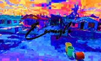 a colorful pixelated image of a street with houses in the background