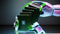 a robot is holding a green and purple folder