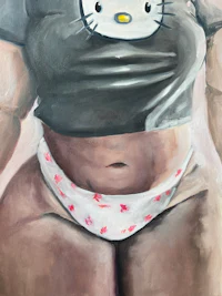 a painting of a woman wearing a hello kitty shirt