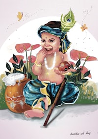a drawing of a little boy with a pot and flowers
