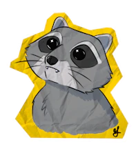 a raccoon sticker with a yellow background