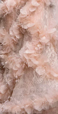 a close up of a dress with pink feathers