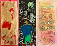 three paintings of a man and a woman in different colors