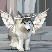 a husky dog with wings sitting on steps