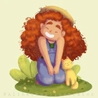 a girl with red hair and a cat in the grass