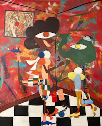 a painting of two people in a room with a checkered floor