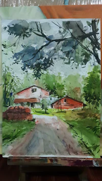 a watercolor painting of a house and trees