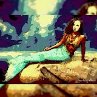 a painting of a mermaid sitting on a rock