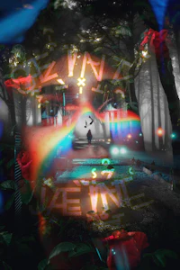 an image of a man in a forest with a rainbow over his head