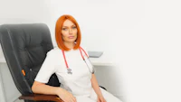 a nurse sitting in an office chair with a stethoscope