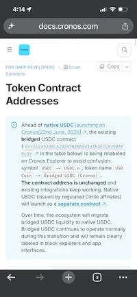 docs crono - token contract addresses screenshot