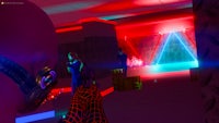 a screenshot of a room with neon lights and a man in a suit