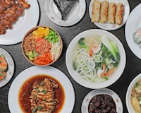 a plate of asian food on a table