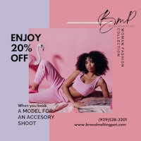 a woman is laying on a bed with the text enjoy 20 % off a model for an accessory shoot