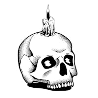 a black and white drawing of a skull with a candle