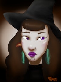 a girl in a witch hat with purple eyes