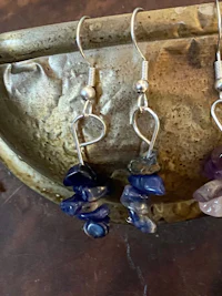 a pair of earrings with purple and blue stones on them