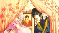a man and a woman in kimono standing in front of a curtain