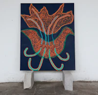 a blue and orange painting on a white wall