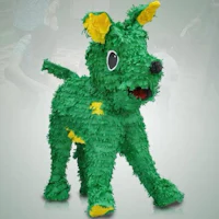 a green pinata with yellow and green eyes