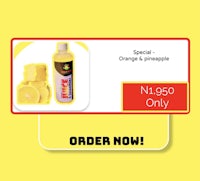 a bottle of orange and pineapple juice on a yellow background