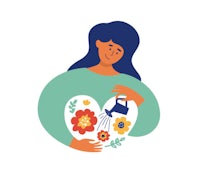 a woman holding a heart with flowers and a watering can