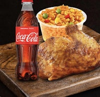 a coca cola bottle and a chicken on a cutting board