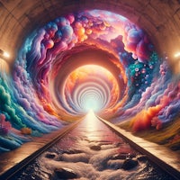 an abstract painting of a tunnel with colorful clouds