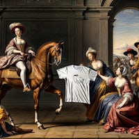 a painting of a woman on a horse with a t - shirt
