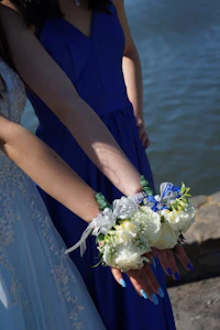a woman wearing a blue dress