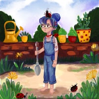 a girl in overalls holding a shovel in a garden