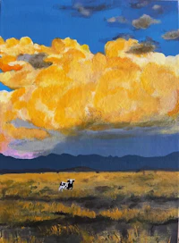a painting of a cow in a field under a cloudy sky