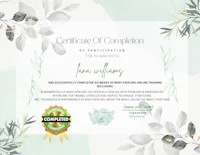 a certificate of completion with green leaves and eucalyptus leaves