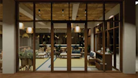 a 3d rendering of a restaurant at night