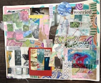 collage of destroyed art pieces, recycled paper, photos, textiles (2025)