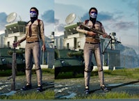two screenshots of a woman holding a gun in front of a tank