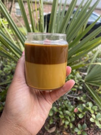 a person holding a cup of coffee in front of a palm tree