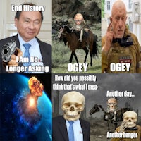 a picture of a man on a horse and a man with a skull