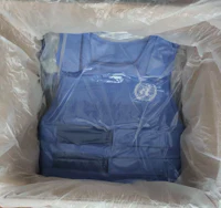 a blue vest is sitting in a plastic bag