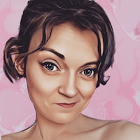 a portrait of a woman with a pink background