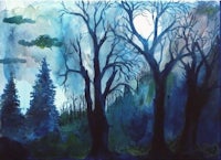 a watercolor painting of trees and a moon